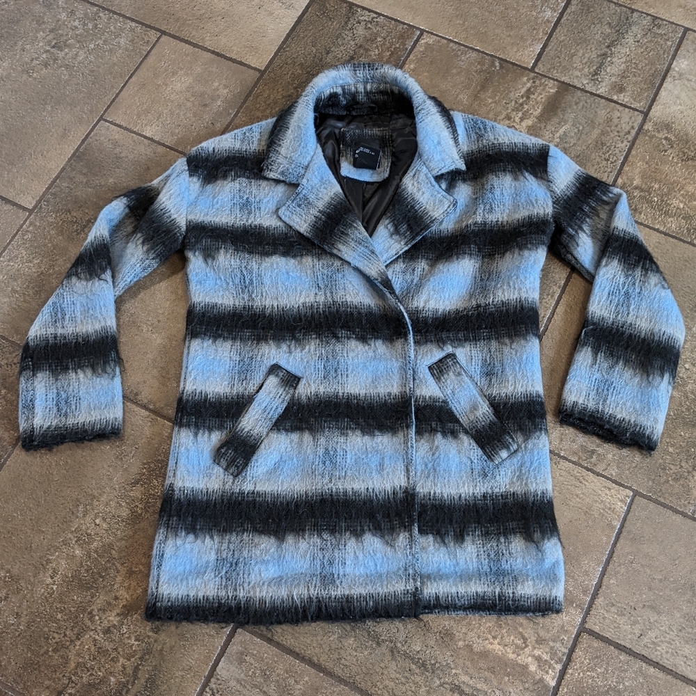 Me Jane Wool Blend Whimsical Dressy Pea Coat Artsy Cool Size S Blue & Black